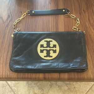 Tory Burch black leather  purse with gold chain